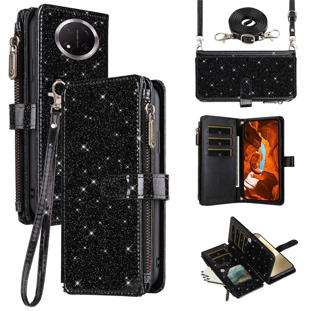 ASUWISH mobilskal till Honor Magic7 Lite 5G / X9c 5G / X60 Pro 5G 10 Korthållare Glitterläderfodral med Axelrem