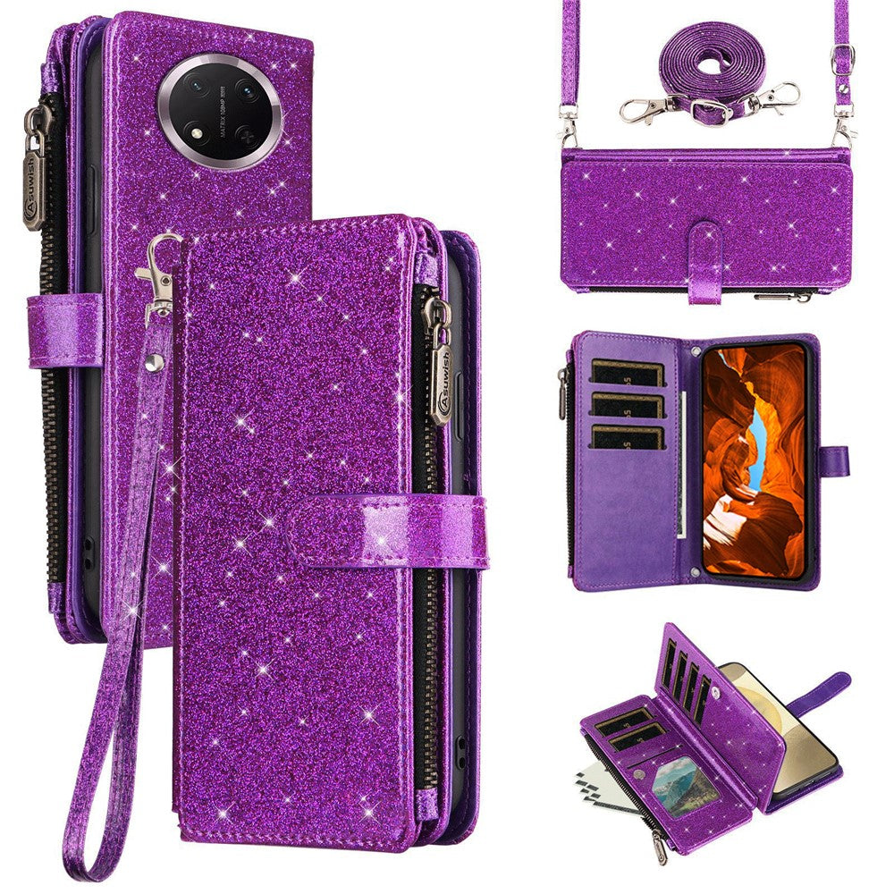ASUWISH mobilskal till Honor Magic7 Lite 5G / X9c 5G / X60 Pro 5G 10 Korthållare Glitterläderfodral med Axelrem