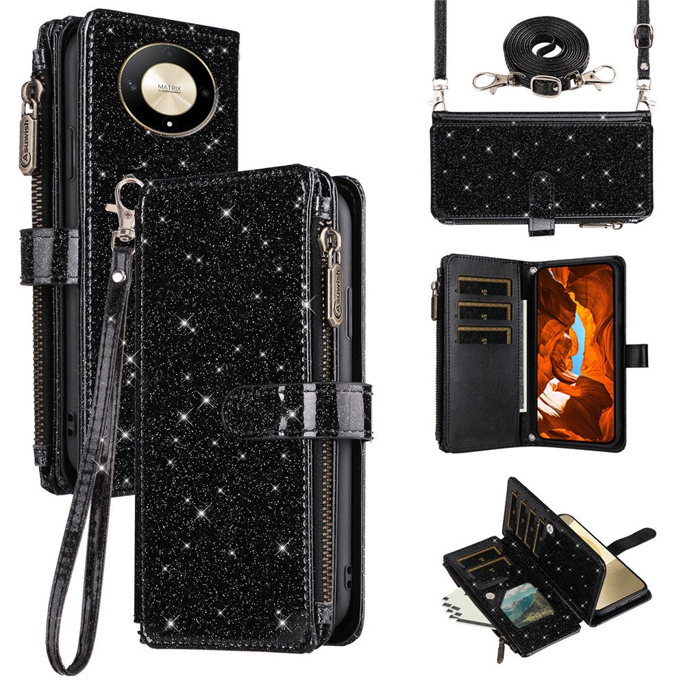 ASUWISH For Honor Magic6 Lite 5G  /  X9b 5G Case 10 Card Holder Glitter Leather Phone Cover with Crossbody Strap