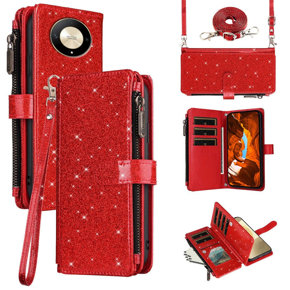 ASUWISH For Honor Magic6 Lite 5G  /  X9b 5G Case 10 Card Holder Glitter Leather Phone Cover with Crossbody Strap