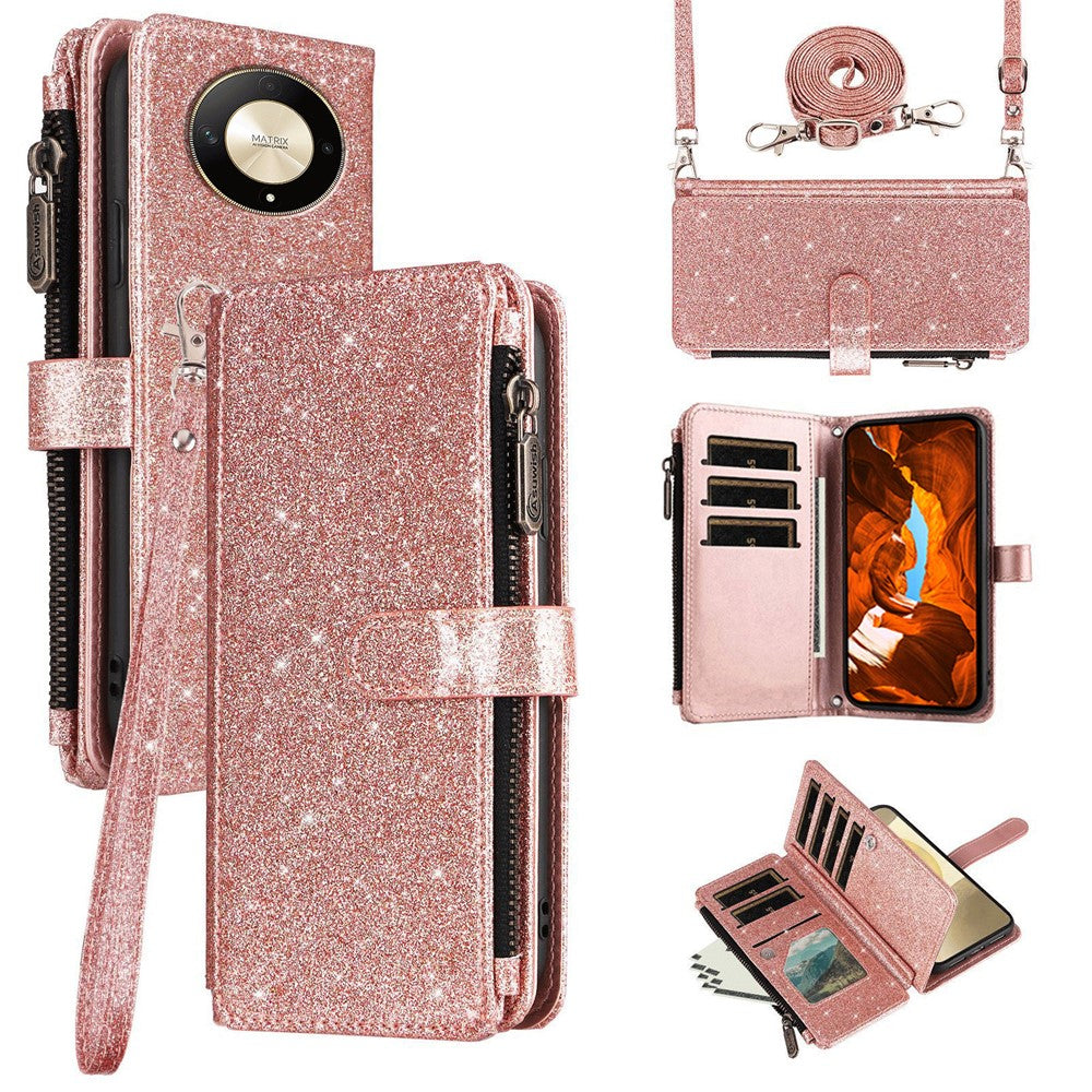 ASUWISH For Honor Magic6 Lite 5G  /  X9b 5G Case 10 Card Holder Glitter Leather Phone Cover with Crossbody Strap