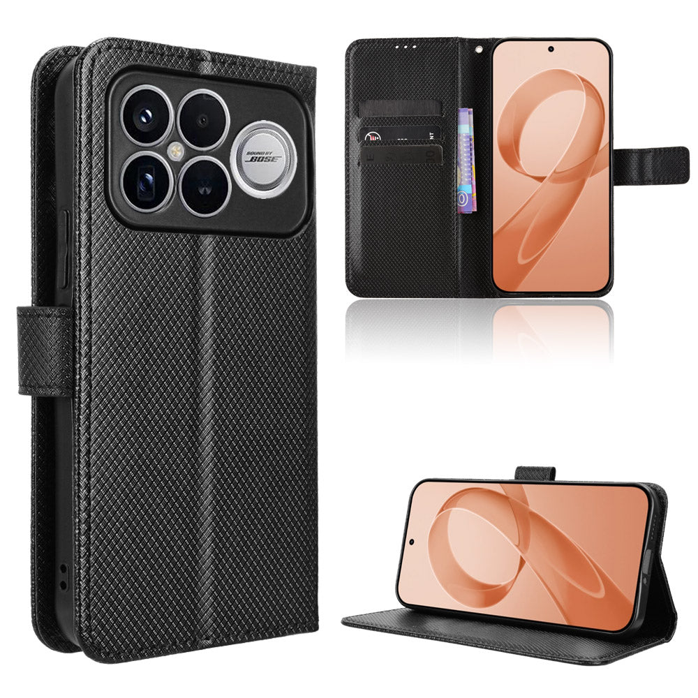 Xiaomi Poco F8 Ultra / Redmi K90 Pro Max 5G Läderplånboksfodral med rem Diamantstruktur mobilskal