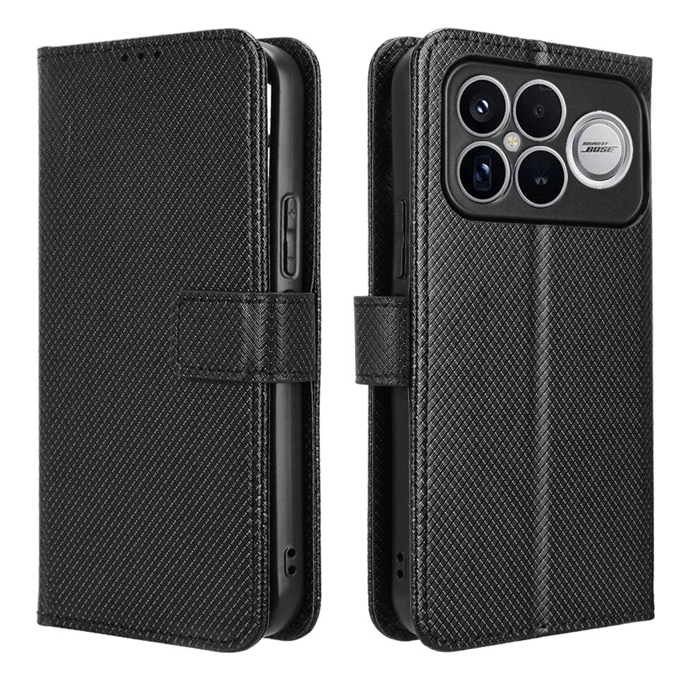 Xiaomi Poco F8 Ultra / Redmi K90 Pro Max 5G Läderplånboksfodral med rem Diamantstruktur mobilskal