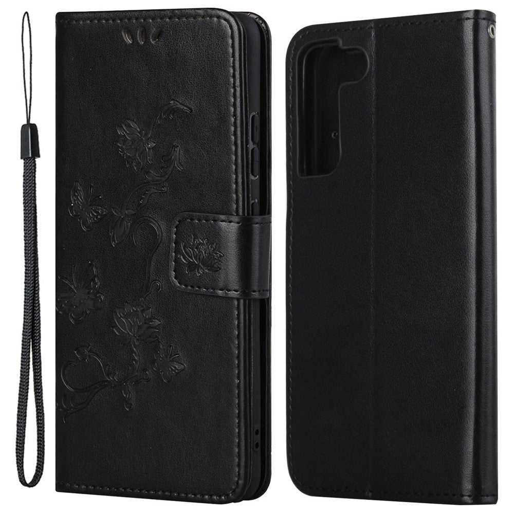 Samsung Galaxy S23 Fjärilsblomma Präglat PU-läder mobilskal Plånbok Handsfree-stativ Smartphone-fodral