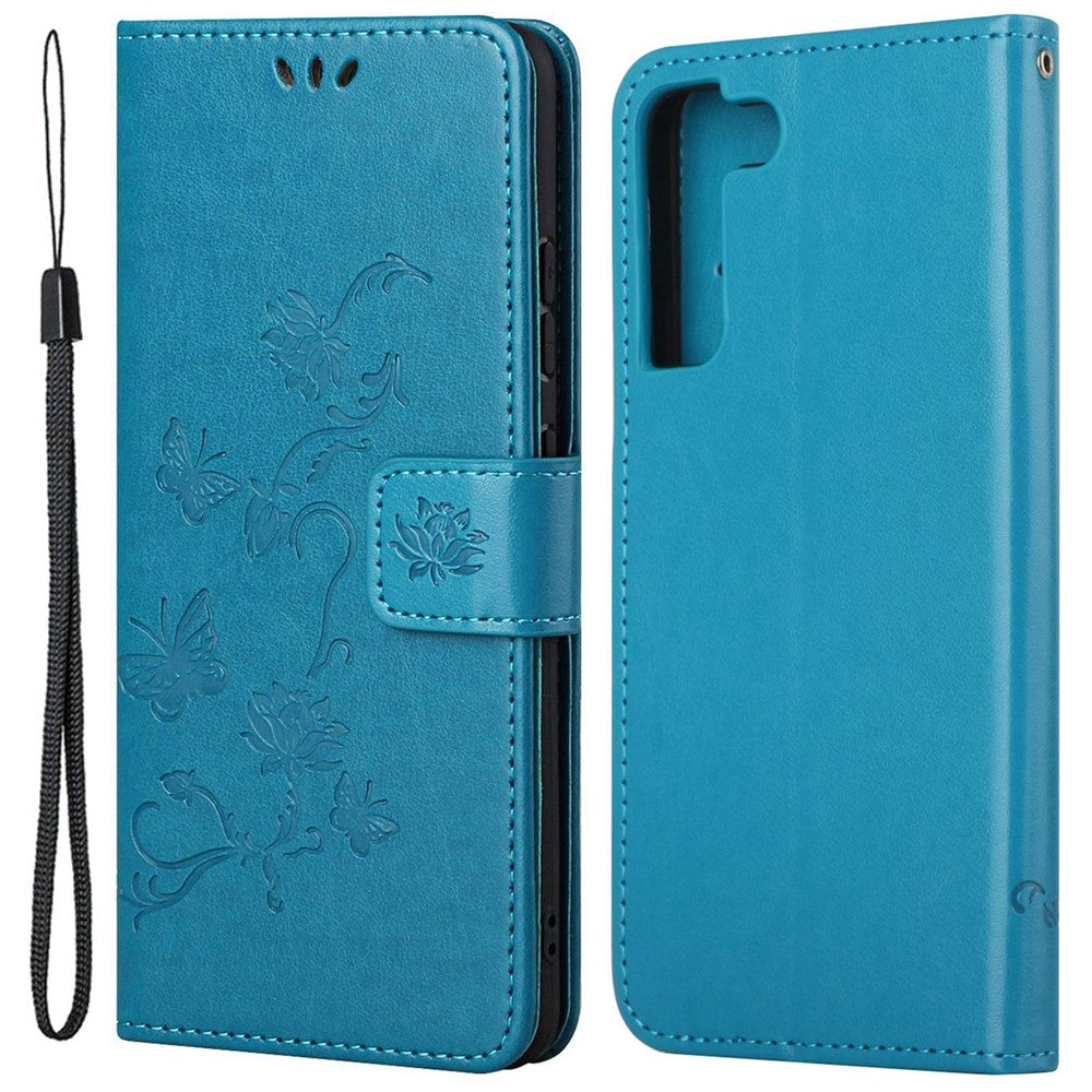 Samsung Galaxy S23 Fjärilsblomma Präglat PU-läder mobilskal Plånbok Handsfree-stativ Smartphone-fodral