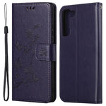 Samsung Galaxy S23 Fjärilsblomma Präglat PU-läder mobilskal Plånbok Handsfree-stativ Smartphone-fodral