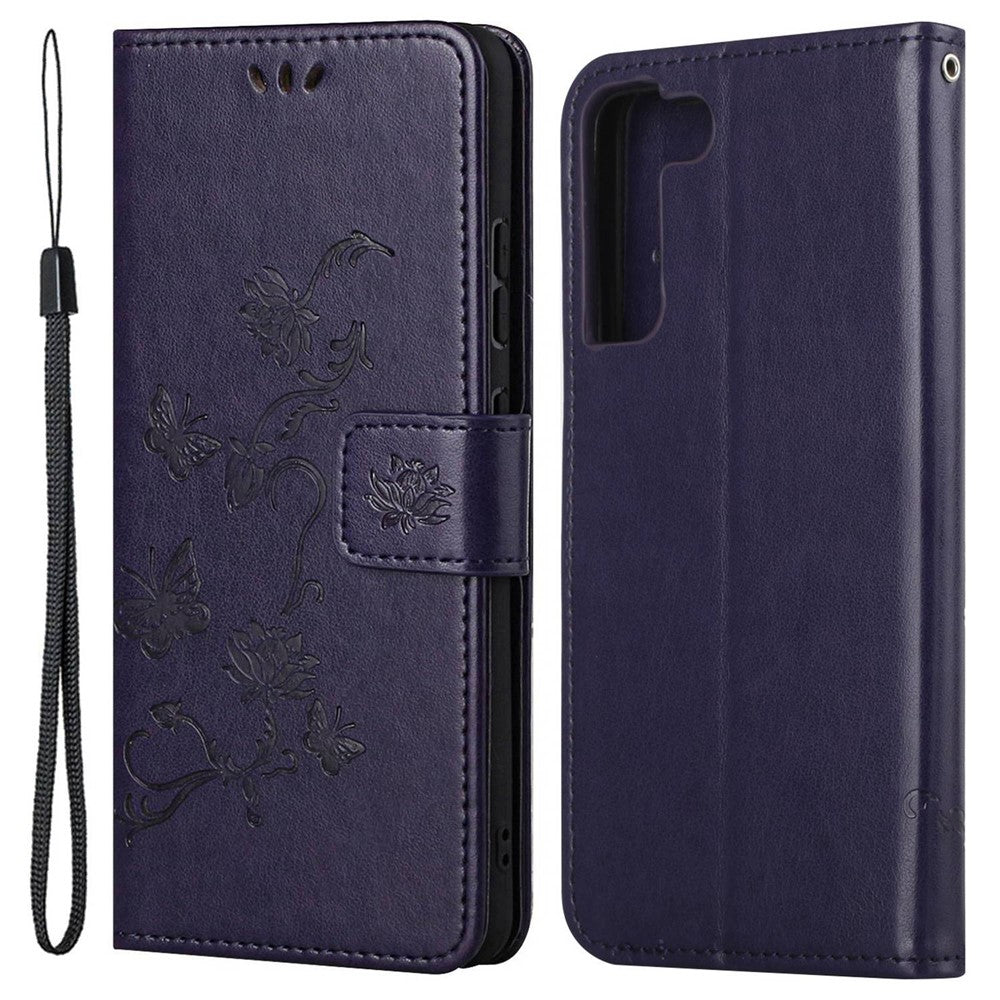 Samsung Galaxy S23 Fjärilsblomma Präglat PU-läder mobilskal Plånbok Handsfree-stativ Smartphone-fodral