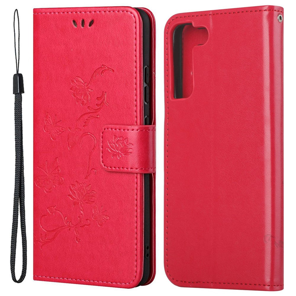 Samsung Galaxy S23 Fjärilsblomma Präglat PU-läder mobilskal Plånbok Handsfree-stativ Smartphone-fodral