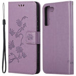 Samsung Galaxy S23 Fjärilsblomma Präglat PU-läder mobilskal Plånbok Handsfree-stativ Smartphone-fodral