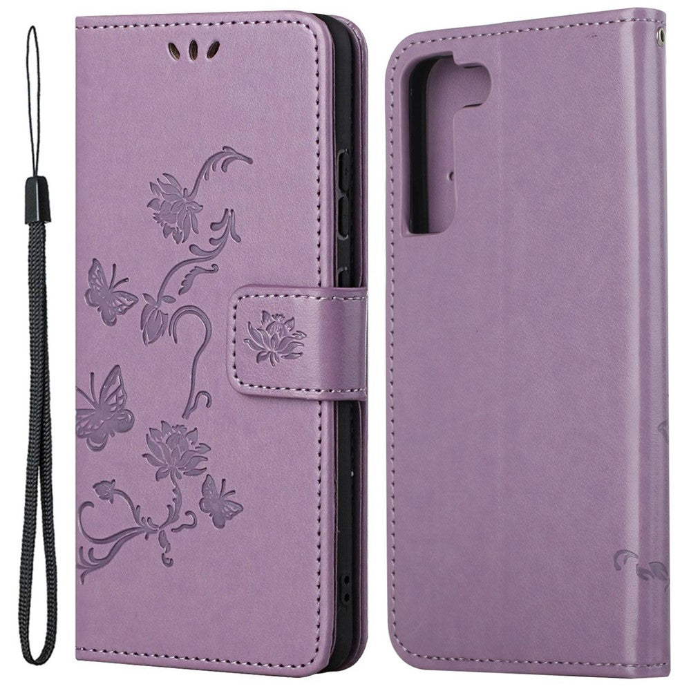 Samsung Galaxy S23 Fjärilsblomma Präglat PU-läder mobilskal Plånbok Handsfree-stativ Smartphone-fodral