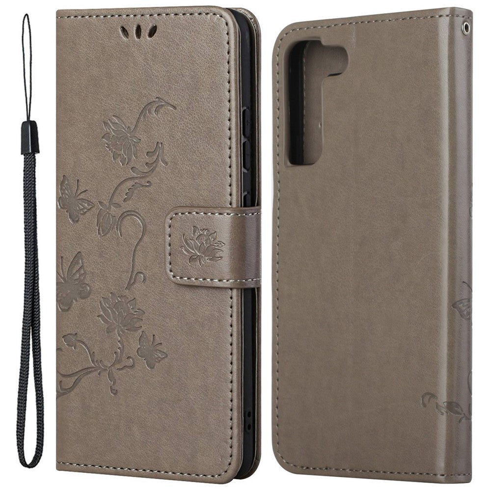 Samsung Galaxy S23 Fjärilsblomma Präglat PU-läder mobilskal Plånbok Handsfree-stativ Smartphone-fodral
