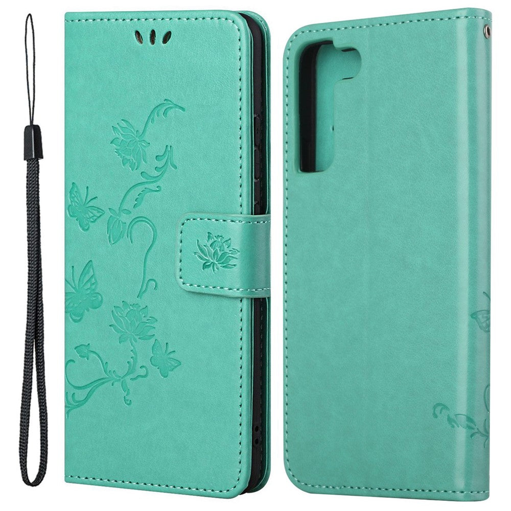 Samsung Galaxy S23 Fjärilsblomma Präglat PU-läder mobilskal Plånbok Handsfree-stativ Smartphone-fodral