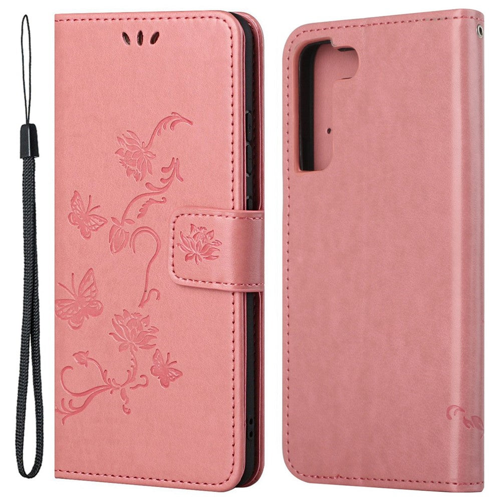 Samsung Galaxy S23 Fjärilsblomma Präglat PU-läder mobilskal Plånbok Handsfree-stativ Smartphone-fodral