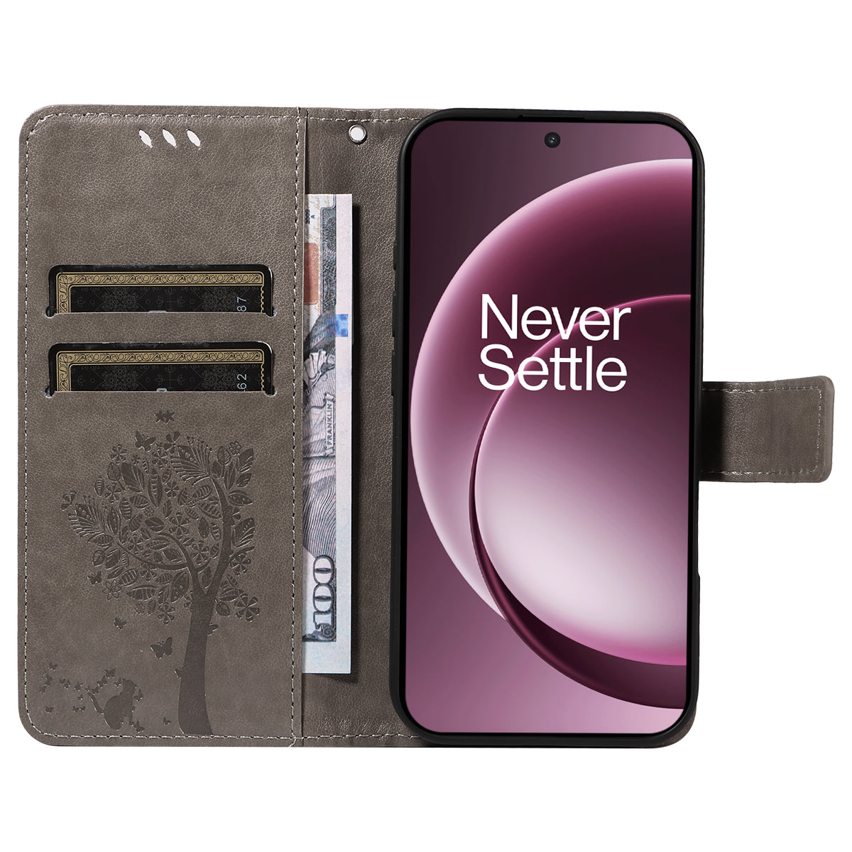 For OnePlus 15 5G Phone Case with Stand Cat Tree Pattern Leather Wallet Mobile Cover