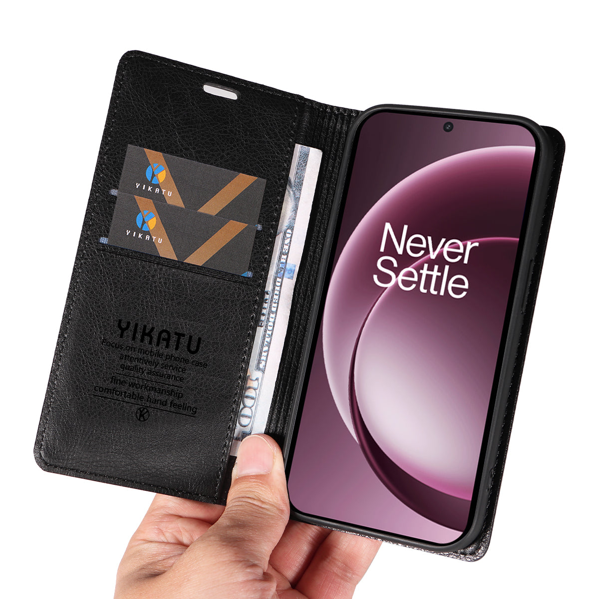 YIKATU För OnePlus 15 5G Plånboksfodral YK-006 Magnetisk Stängning Lädermobilfodral Litchitextur
