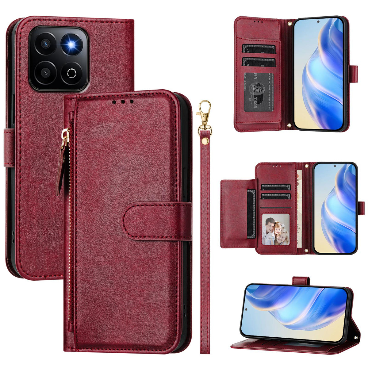 For Honor 400 Smart 5G Case Zipper Pocket Multiple Card Slots Leather Phone Cover