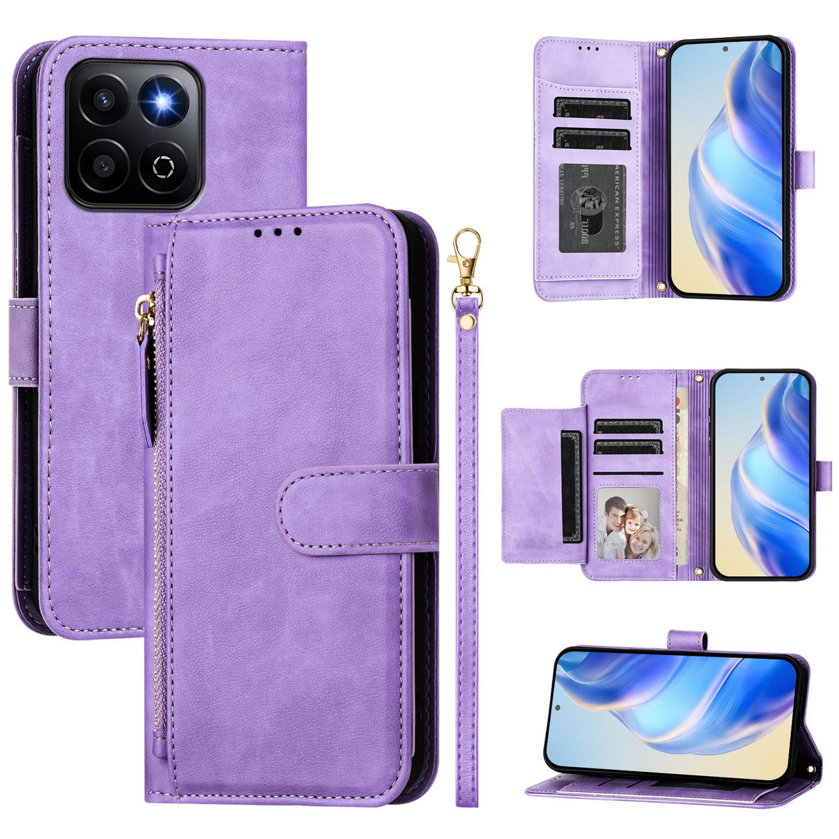 For Honor 400 Smart 5G Case Zipper Pocket Multiple Card Slots Leather Phone Cover