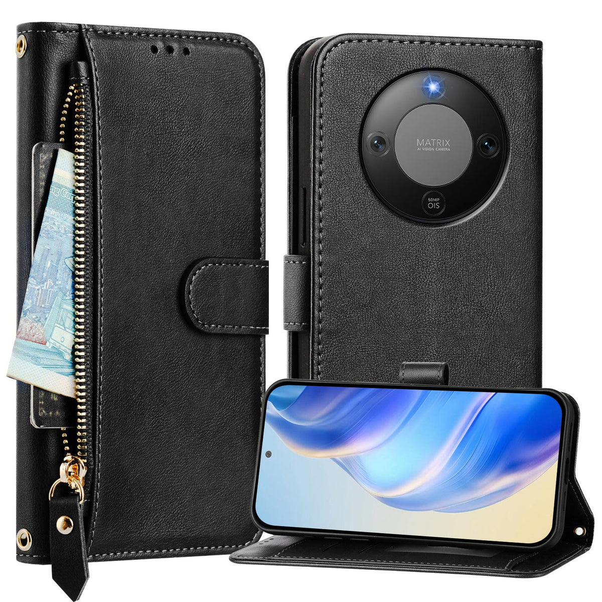 For Honor Magic8 Lite 5G / X9d 5G / X70 5G Case Zipper Pocket Multiple Card Slots Leather Phone Cover