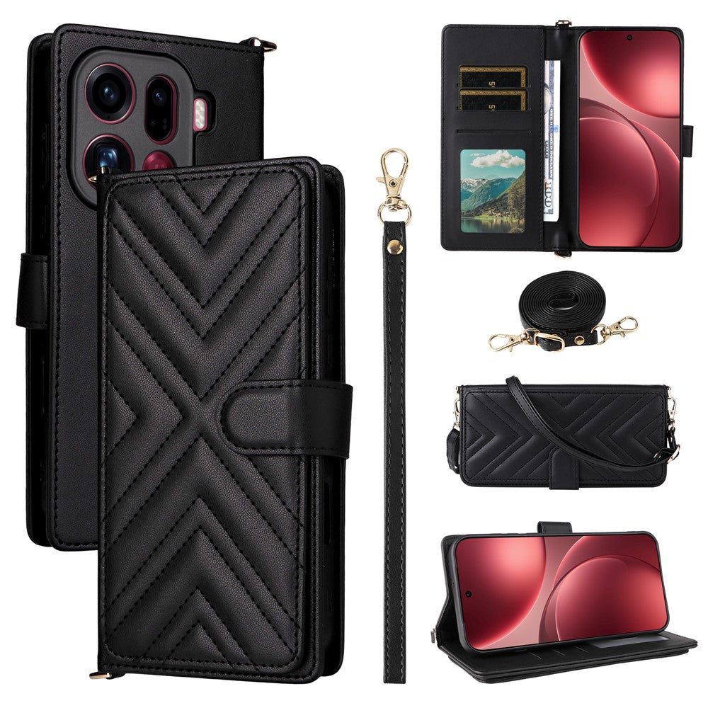 For Oppo Find X9 Pro 5G Leather Case Stand Wallet Phone Cover with Shoulder / Wrist Strap