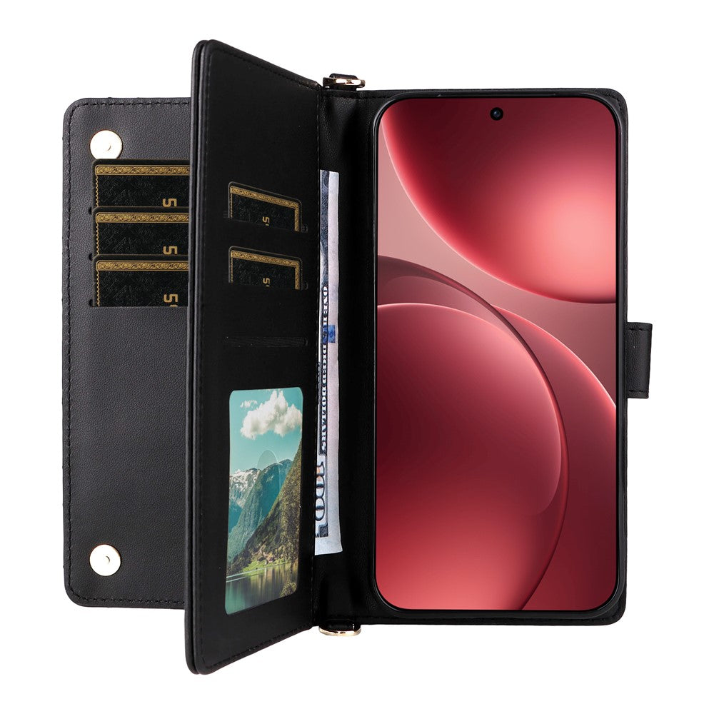 For Oppo Find X9 Pro 5G Leather Case Stand Wallet Phone Cover with Shoulder / Wrist Strap