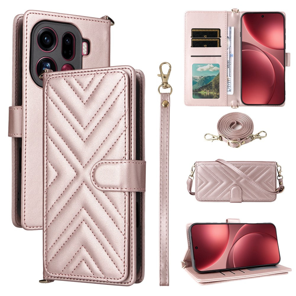 For Oppo Find X9 Pro 5G Leather Case Stand Wallet Phone Cover with Shoulder / Wrist Strap