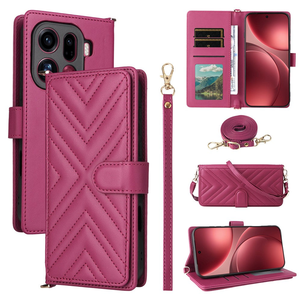 For Oppo Find X9 Pro 5G Leather Case Stand Wallet Phone Cover with Shoulder / Wrist Strap