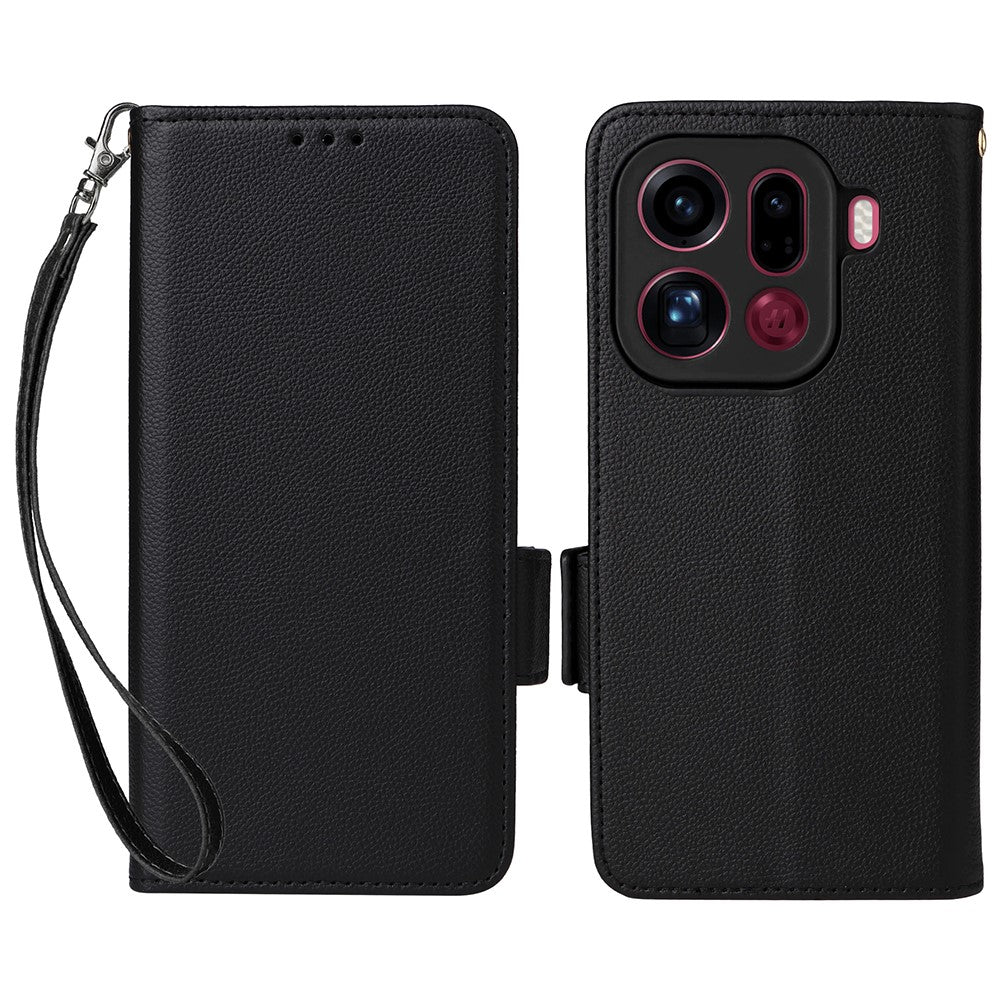 For Oppo Find X9 Pro 5G Case Litchi Texture Wallet Leather Phone Cover with Wrist Strap