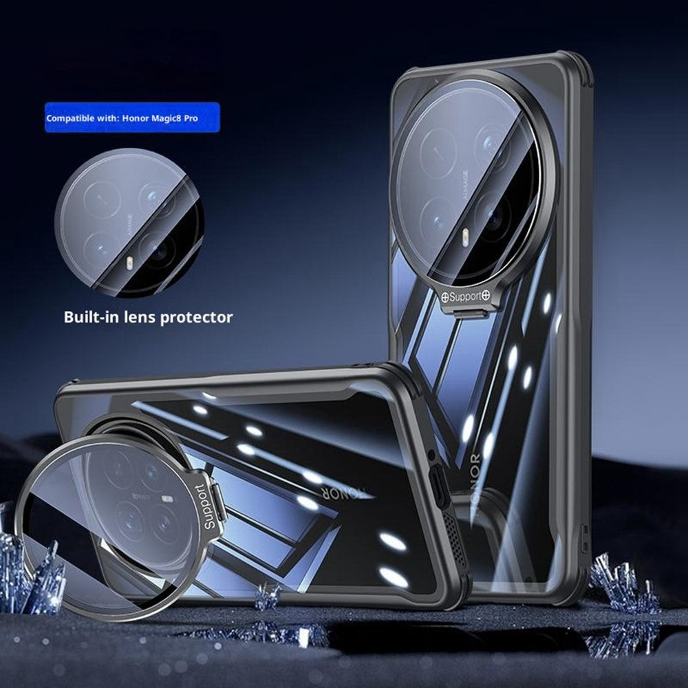 For Honor Magic8 Pro 5G Case PC + TPU Clear Phone Shell with Glass Lens Cover Kickstand