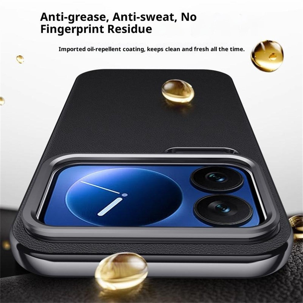 For Xiaomi 17 Pro Max Case Metal Lens Frame Kickstand Leather + Silicone Phone Cover