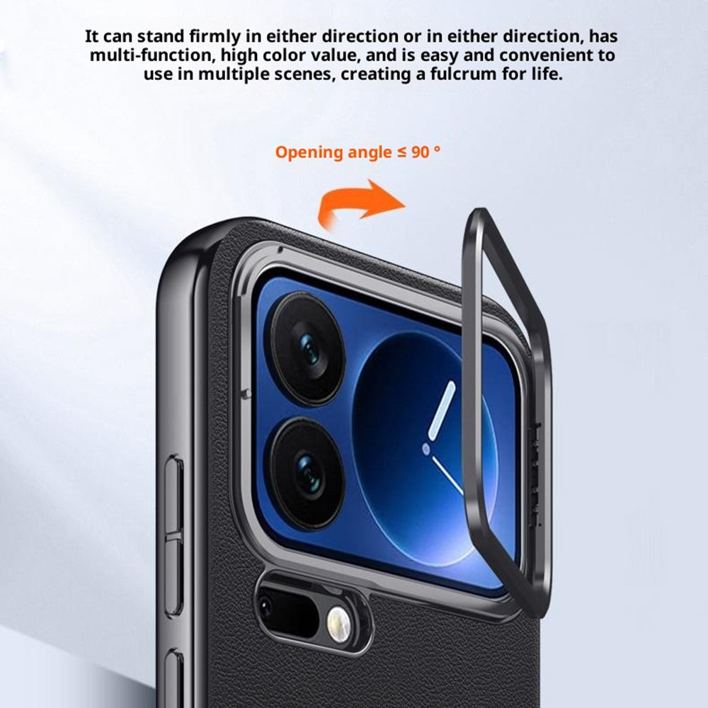 For Xiaomi 17 Pro Max Case Metal Lens Frame Kickstand Leather + Silicone Phone Cover