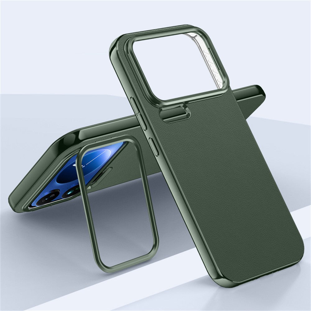 For Xiaomi 17 Pro Max Case Metal Lens Frame Kickstand Leather + Silicone Phone Cover