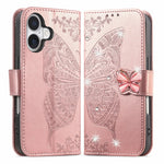 Til iPhone 17 Etui 3D Rhinestone Dekoration Sommerfugl Blomst Læder Telefoncover med Håndrem