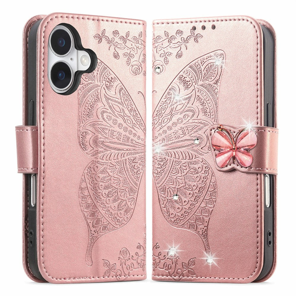 Til iPhone 17 Etui 3D Rhinestone Dekoration Sommerfugl Blomst Læder Telefoncover med Håndrem