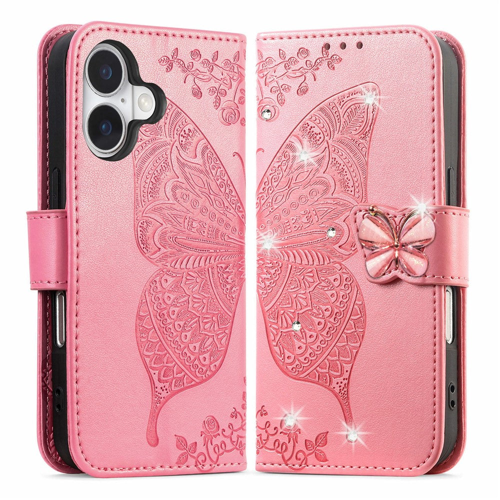 Til iPhone 17 Etui 3D Rhinestone Dekoration Sommerfugl Blomst Læder Telefoncover med Håndrem