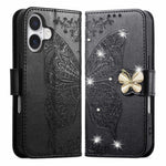 Til iPhone 17 Etui 3D Rhinestone Dekoration Sommerfugl Blomst Læder Telefoncover med Håndrem