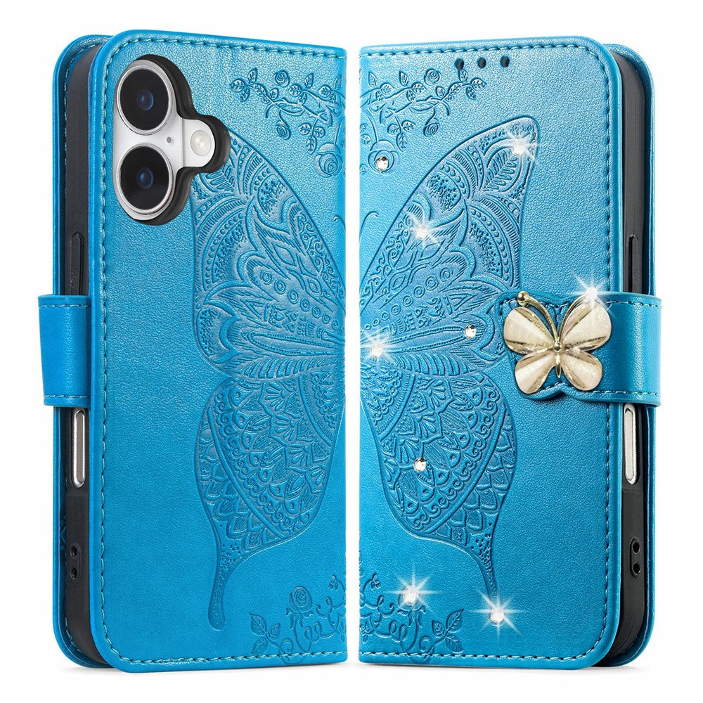 Til iPhone 17 Etui 3D Rhinestone Dekoration Sommerfugl Blomst Læder Telefoncover med Håndrem