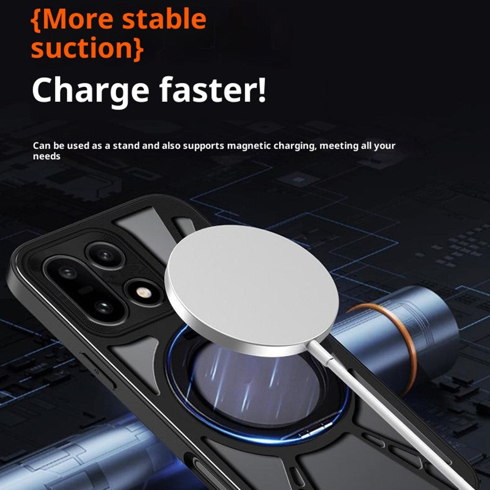 OnePlus 15 5G-skal Magnetiskt stativ Ihåligt värmeavledande silikon + PC + metallstötfångare mobilskal