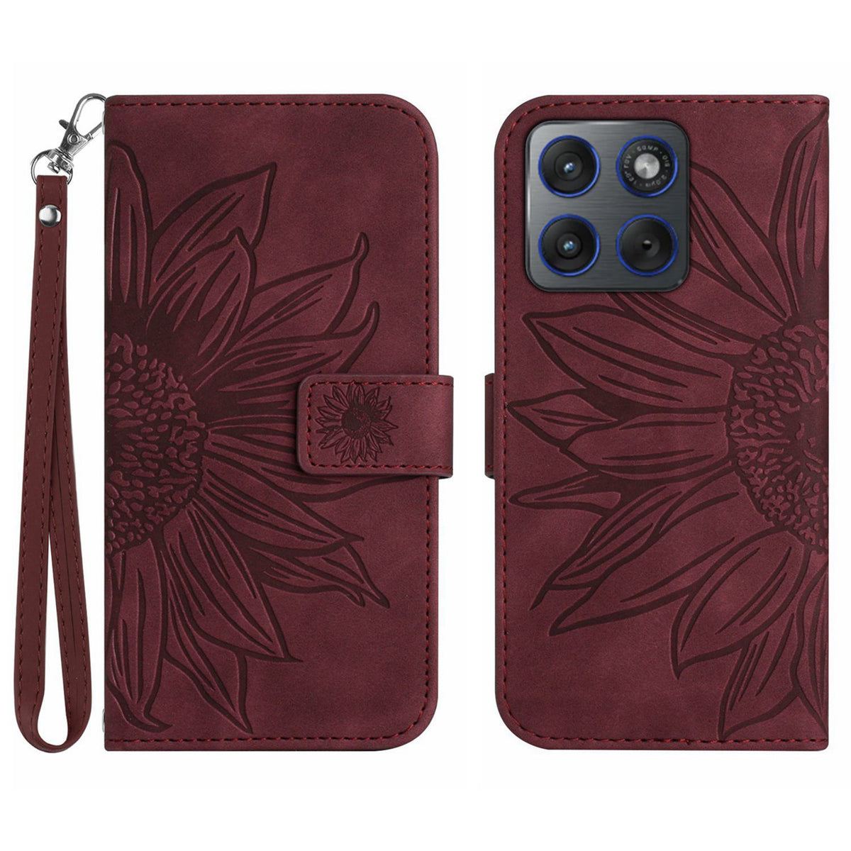 Til Motorola Edge 70 5G Cover Solros præget læderpung telefoncover med håndledsrem