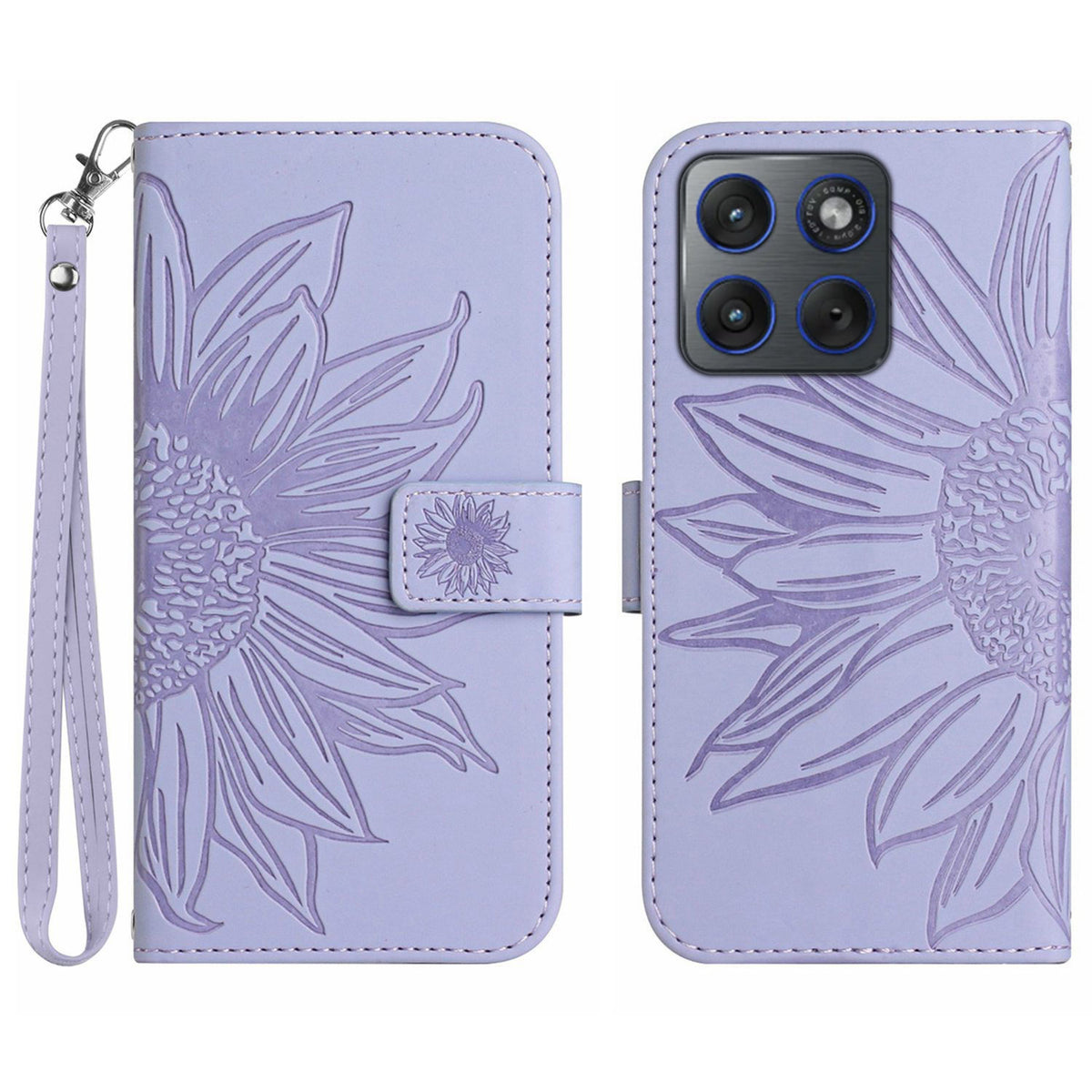 Til Motorola Edge 70 5G Cover Solros præget læderpung telefoncover med håndledsrem