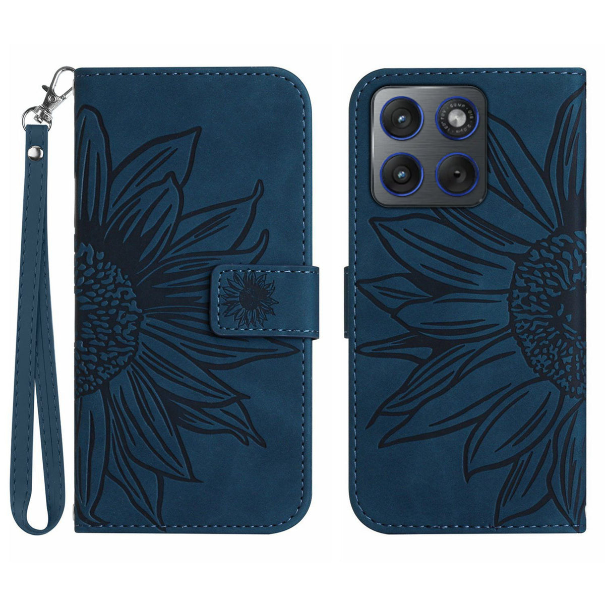 Til Motorola Edge 70 5G Cover Solros præget læderpung telefoncover med håndledsrem