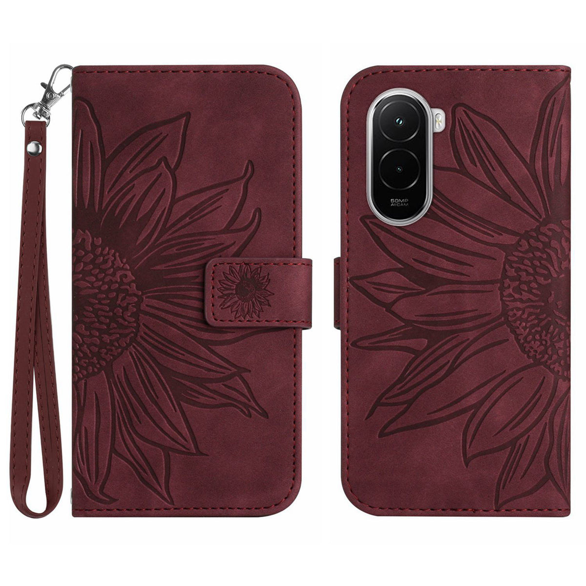 For Xiaomi Poco M7 Plus 5G / Xiaomi Poco M7 4G (169mm) Case Sunflower Imprint Leather Wallet Phone Cover with Wrist Strap