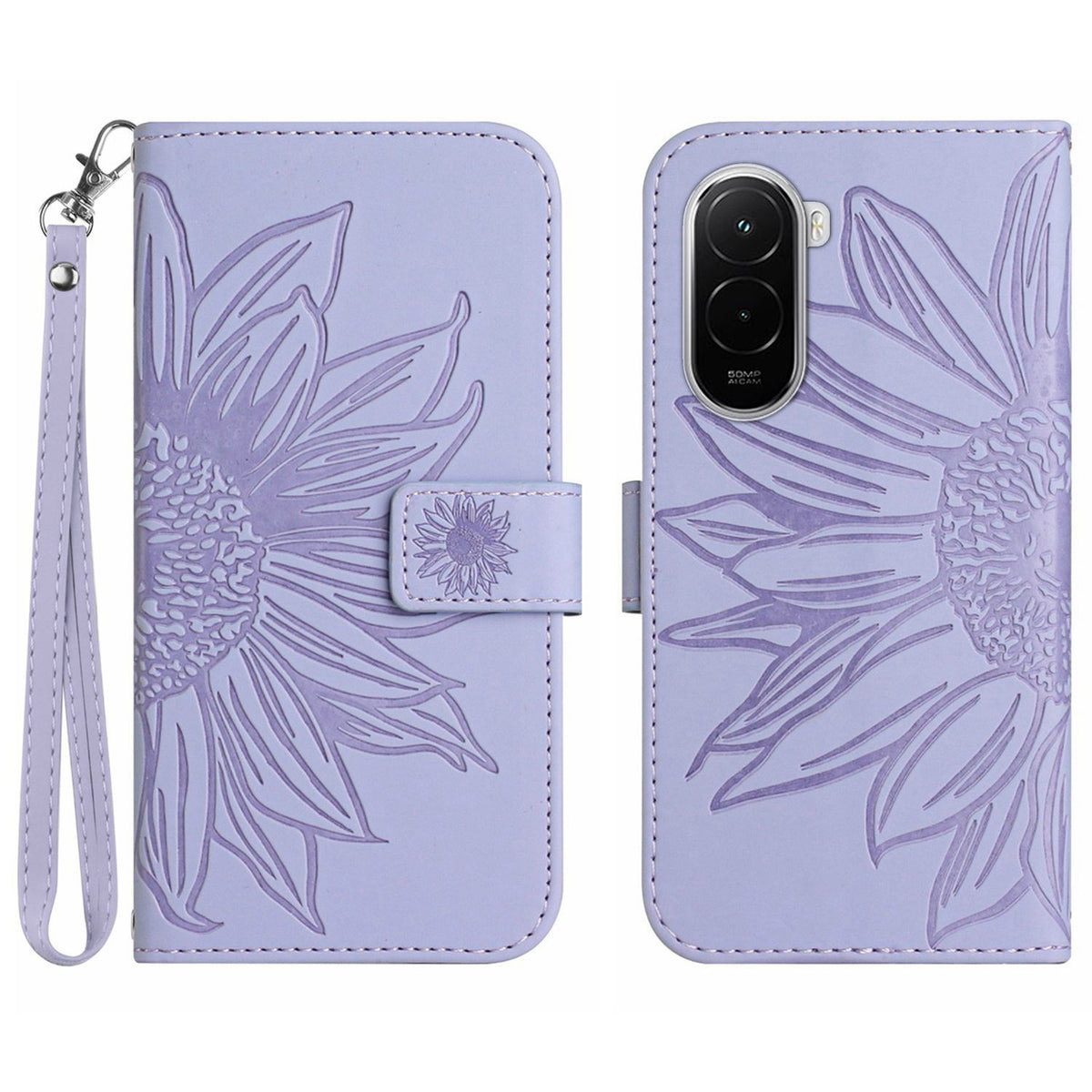For Xiaomi Poco M7 Plus 5G / Xiaomi Poco M7 4G (169mm) Case Sunflower Imprint Leather Wallet Phone Cover with Wrist Strap