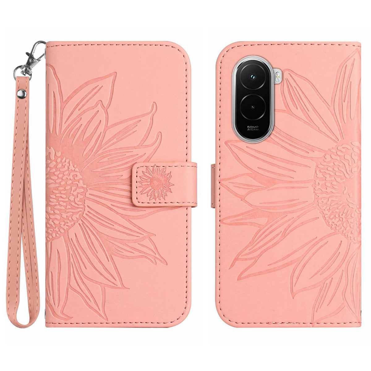For Xiaomi Poco M7 Plus 5G / Xiaomi Poco M7 4G (169mm) Case Sunflower Imprint Leather Wallet Phone Cover with Wrist Strap