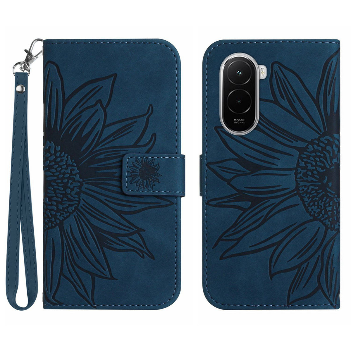 For Xiaomi Poco M7 Plus 5G / Xiaomi Poco M7 4G (169mm) Case Sunflower Imprint Leather Wallet Phone Cover with Wrist Strap