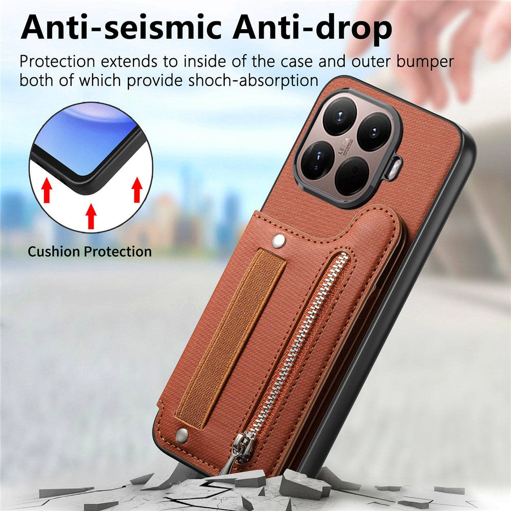 For Xiaomi 15T Pro Case RFID Blocking Card Holder Jeans Cloth Texture Leather Back Cover with Elastic Wristband