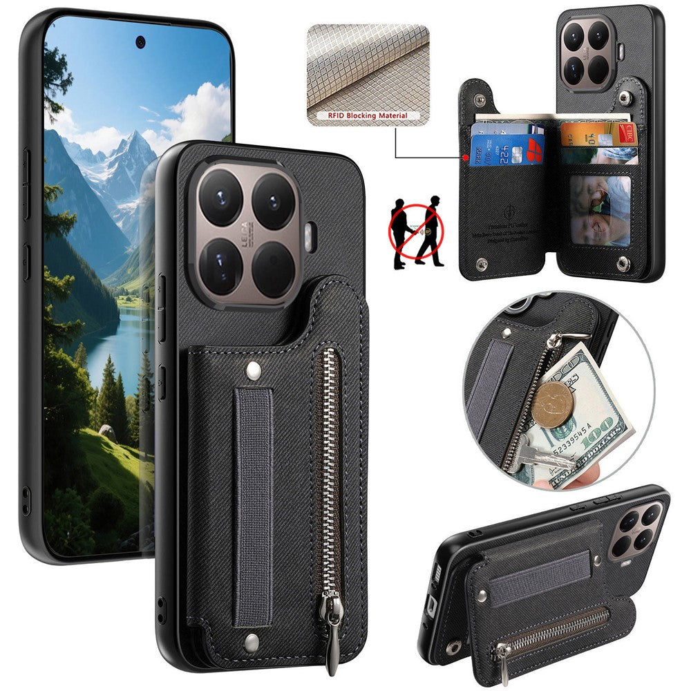 For Xiaomi 15T Pro Case RFID Blocking Card Holder Jeans Cloth Texture Leather Back Cover with Elastic Wristband
