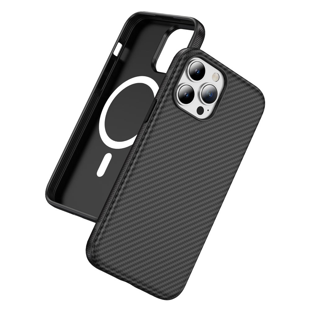 For iPhone 15 Pro Max Skin-touch Case Carbon Fiber Texture PC + TPU Back Cover Compatible with MagSafe
