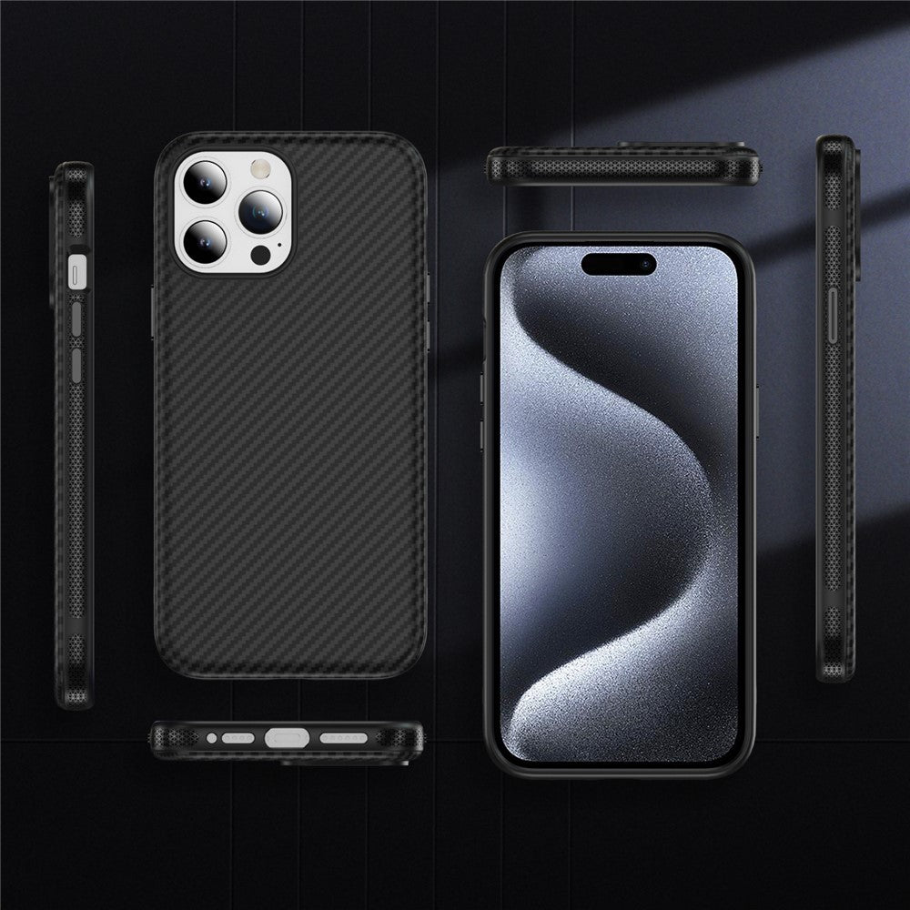For iPhone 15 Pro Max Skin-touch Case Carbon Fiber Texture PC + TPU Back Cover Compatible with MagSafe
