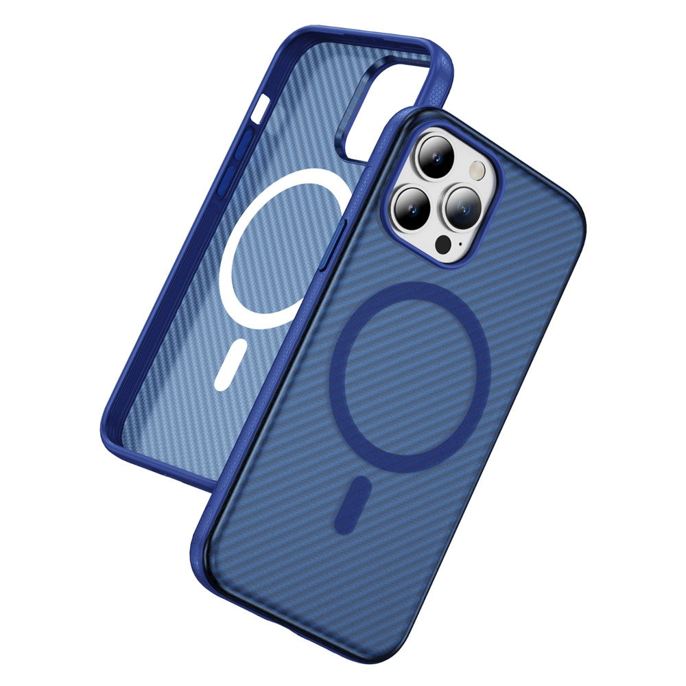 For iPhone 15 Pro Max Skin-touch Case Carbon Fiber Texture PC + TPU Back Cover Compatible with MagSafe