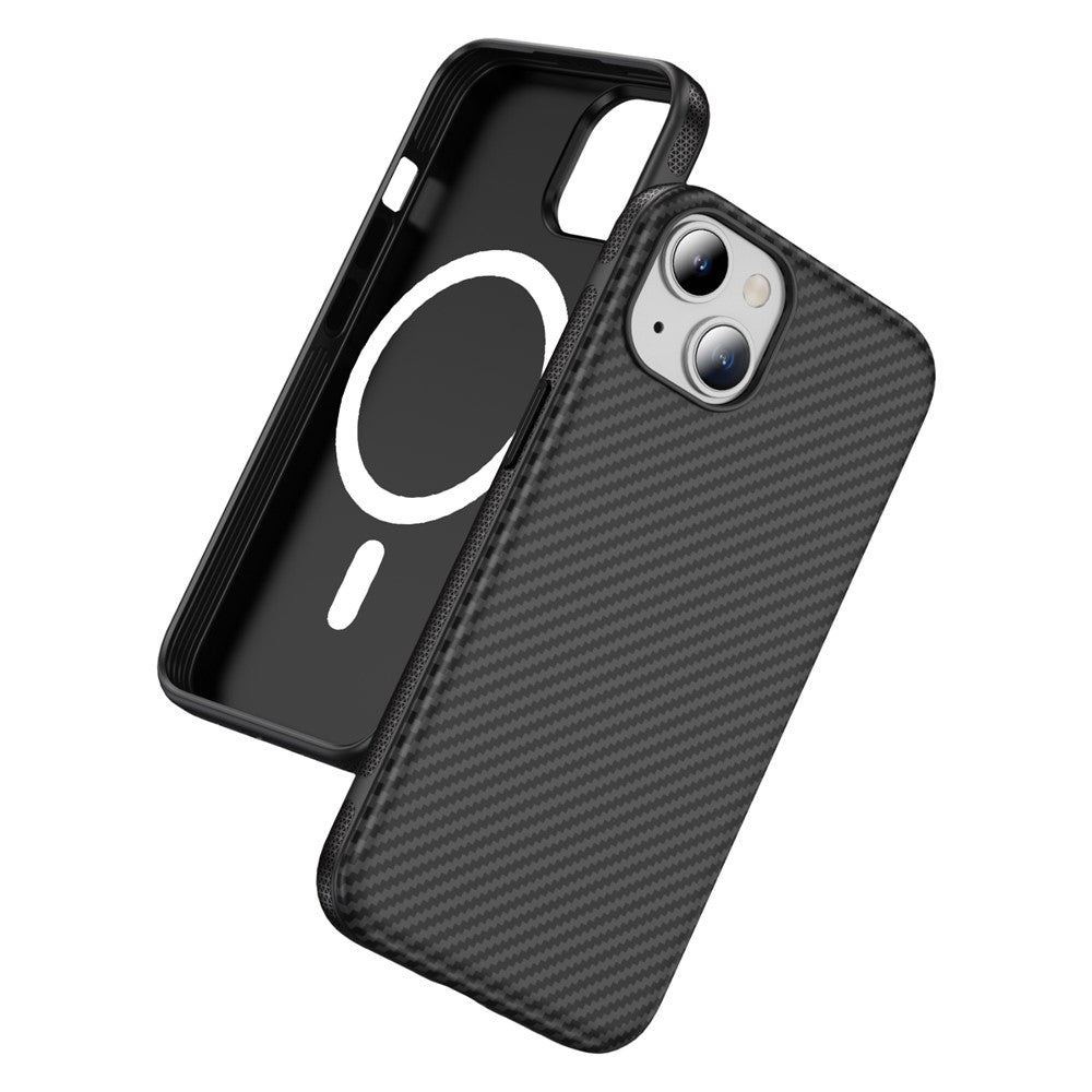 For iPhone 15 Plus / 14 Plus Skin-touch Case Carbon Fiber Texture PC + TPU Back Cover Compatible with MagSafe